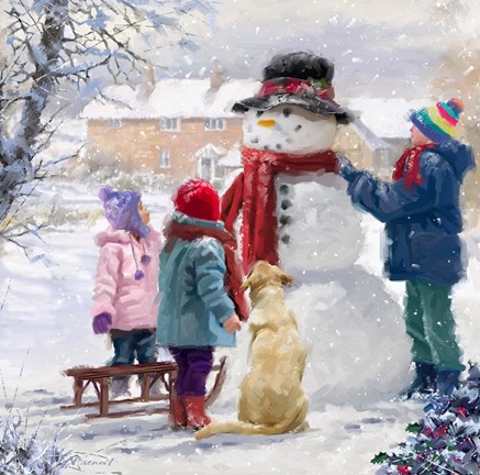 Framed Kids With Snowman Print