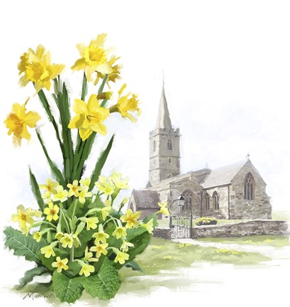 Framed Daffodils And Church Print