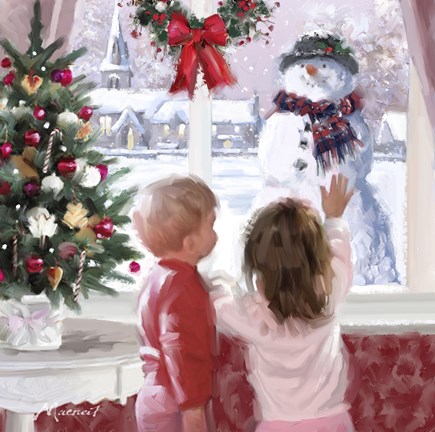 Framed Boy And Girl Looking At Snowman Print