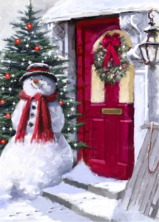 Framed Snowman Outside Red Door Print