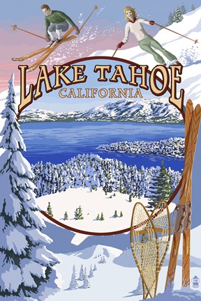 Framed Lake Tahoe Skiiers Ad Print