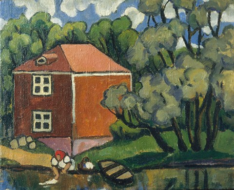 Framed Landscape With Red House And Woman Washing, 1908 Print