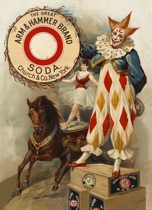 Framed Clown, Horse, Acrobat and Arm &amp; Hammer Brand Soda Print