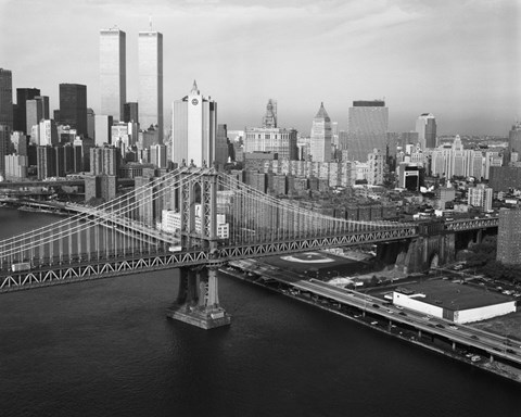Framed Manhattan Bridge with Twin Towers behind Print