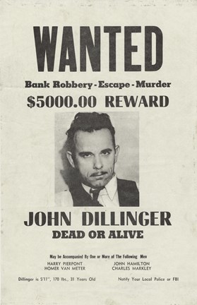 Framed John Dillinger Wanted Poster Print