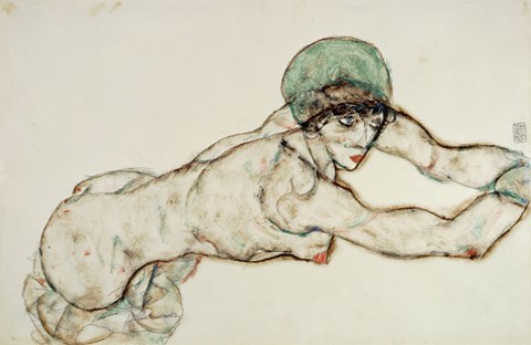 Framed Reclining Female Nude with Green Cap, Leaning to the Right, 1914 Print