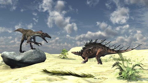 Framed Utahraptor and a Kentrosaurus Print