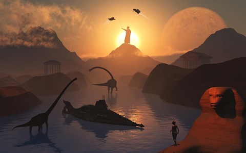 Framed City of Atlantis and Dinosaurs Print