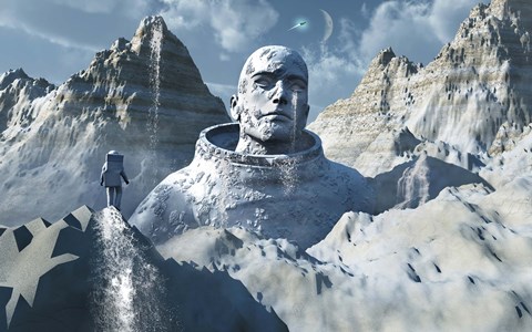 Framed Lone Astronaut looking at Statue Print