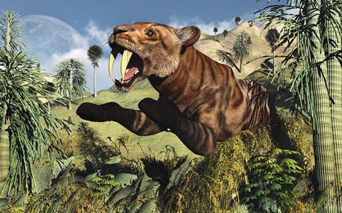 Framed Sabre Tooth Tiger Hunting Print