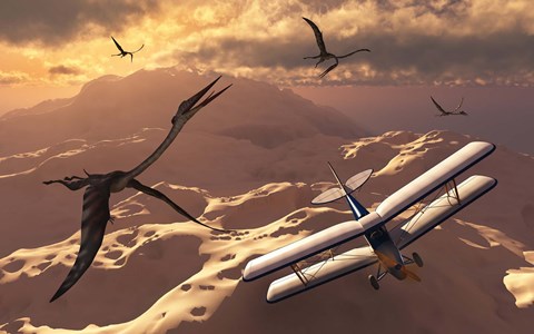Framed Tiger Moth Biplane and Quetzalcoatlus pterosaurs Print