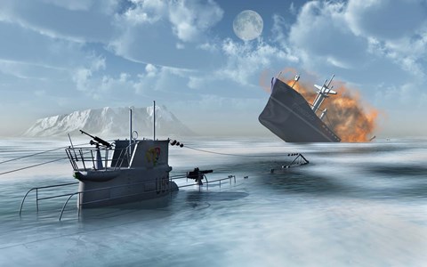 Framed German U-Boat Sinking a Ship Print