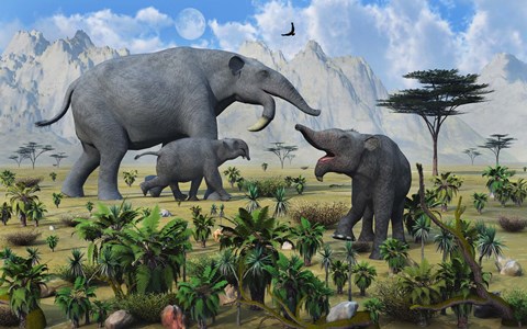 Framed Deinotherium with her Twin Calves Print