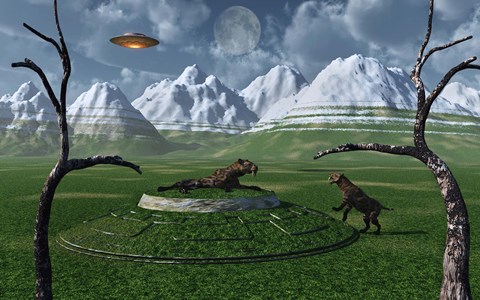 Framed Sabre-Tooth Tigers Encountering UFO&#39;s Print