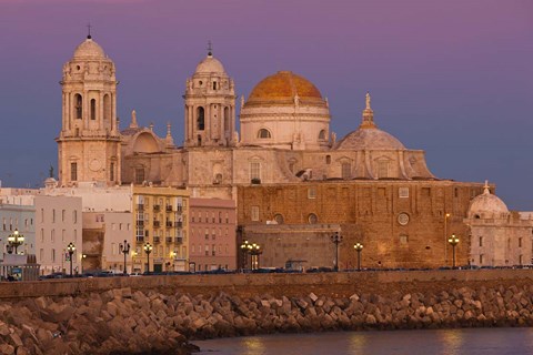 Framed Spain, Cadiz, Cathedral, Dusk Print