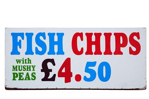 Framed Fish and Chips with Mushy Peas sign, England, United Kingdom Print