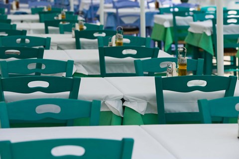 Framed Cafe Tables, Fiskardo, Kefalonia, Ionian Islands, Greece Print