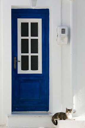 Framed Greece, Aegean Islands, Samos, Door, Cat Print