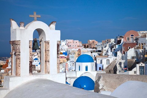 Framed Bell tower and blue domes of church in village of Oia, Santorini, Greece Print