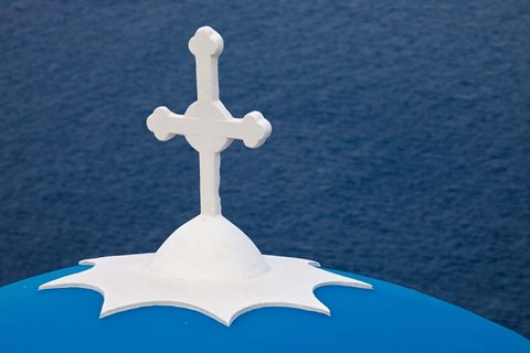 Framed Church with blue dome and white cross in village of Firostefani, Santorini, Greece Print