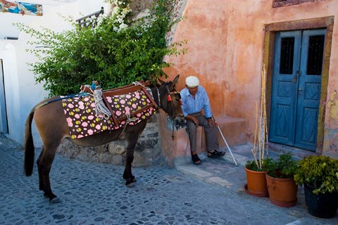 Framed Resting Elderly Gentleman, Oia, Santorini, Greece Print