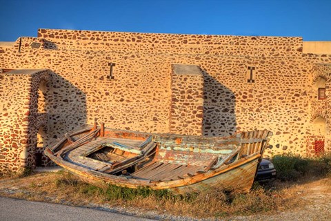 Framed Old fishing boat on dry land, Oia, Santorini, Greece Print