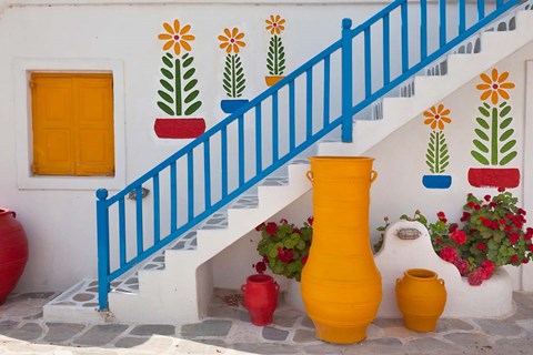 Framed Flowers and colorful pots, Chora, Mykonos, Greece Print
