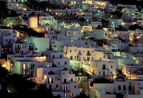 Framed Hilltop Buildings at Night, Mykonos, Cyclades Islands, Greece Print