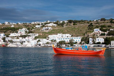 Framed Greece, Cyclades, Mykonos, Hora Harbor view with Greek fishing boat Print