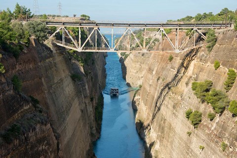 Framed Greece, Corinth Boat in Corinth Canal Print