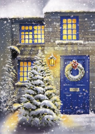 Framed Blue Door and White Christmas Print