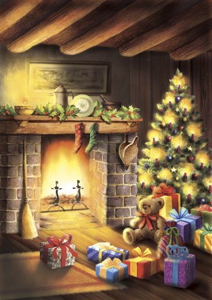 Framed Gift Bear and Christmas By The Fireplace Print