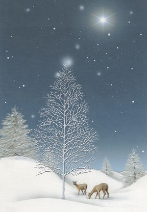 Framed Snowy Winter TreeWith Star and Deer Print
