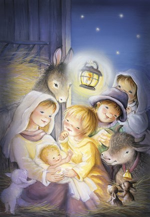 Framed Mary and The Animals Manger Scene Print