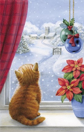 Framed Kitten Christmas With Pointsettia Print