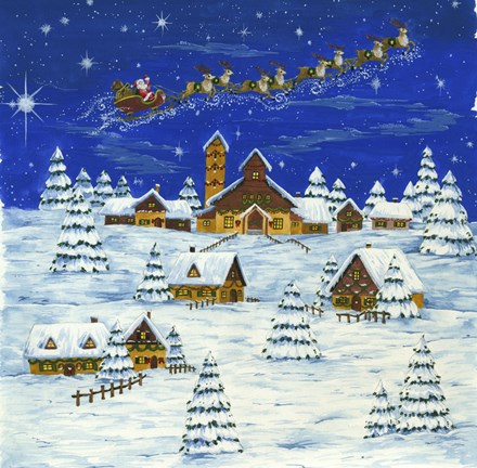 Framed Santa Flying and Snow Village Print