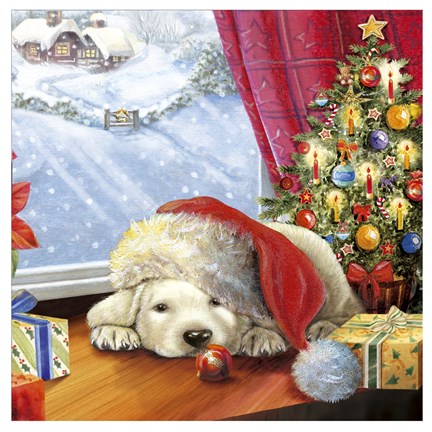Framed Puppy Snug and Christmas Tree Print
