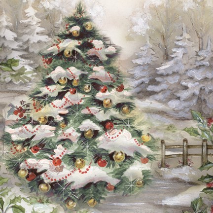 Framed Christmas Tree In Snowy Woods Print
