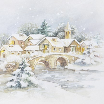 Framed Snowy Winter Village Scene Print