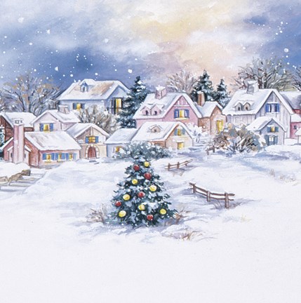 Framed Christmas Tree In Snowy Village Print