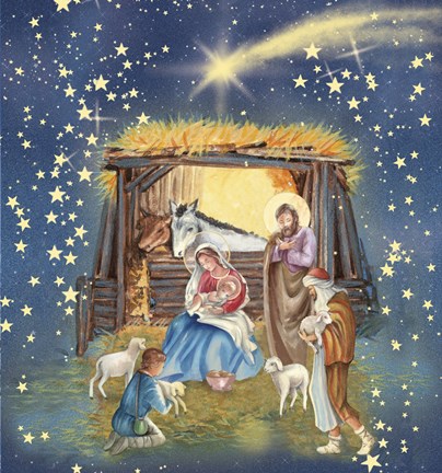 Framed Christmas Manger and Shooting Stars Print