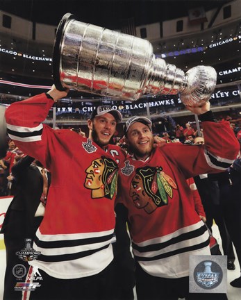 Framed Jonathan Toews &amp; Patrick Kane with the Stanley Cup Game 6 of the 2015 Stanley Cup Finals Print
