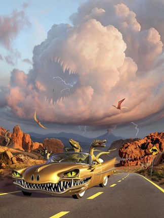 Framed Two Velociraptors in  a Prehistoric Landscape Print