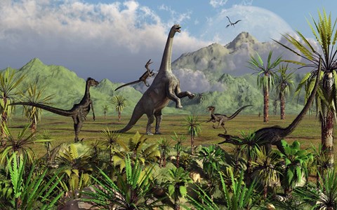 Framed Velociraptor Dinosaurs Attack a Camarasaurus Print
