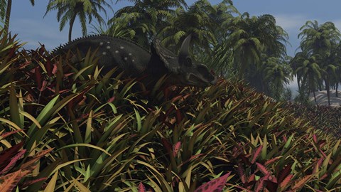 Framed Triceratops Grazing on Lush Foliage Print
