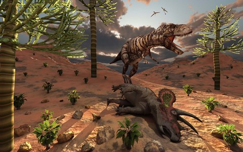 Framed T-Rex comes across the Carcass of a Dead Triceratops Print