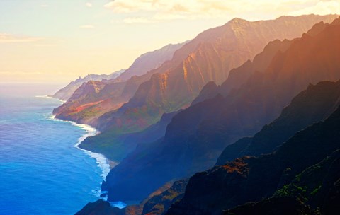 Framed Mountain range at sunrise, Na Pali Coast, Kauai, Hawaii, USA Print
