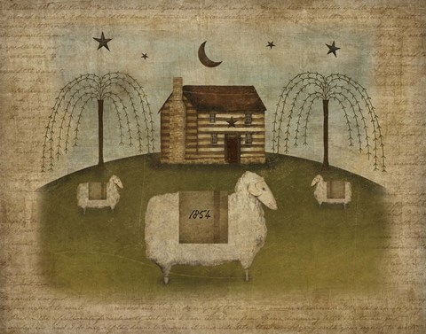 Framed Log Cabin Sheep Print