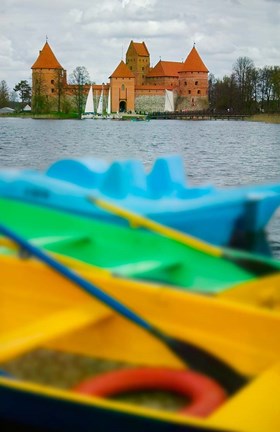 Framed Colorful Boats and Island Castle by Lake Galve, Trakai, Lithuania Print