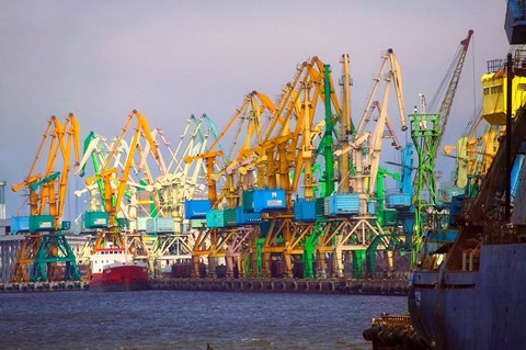 Framed Industry cranes in harbor, Klaipeda, Lithuania Print